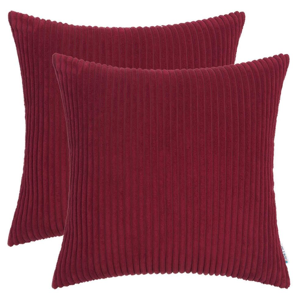1352 Burgundy Red Corduroy Throw Pillow Covers 18x18 Inch, Set of 2, Soft